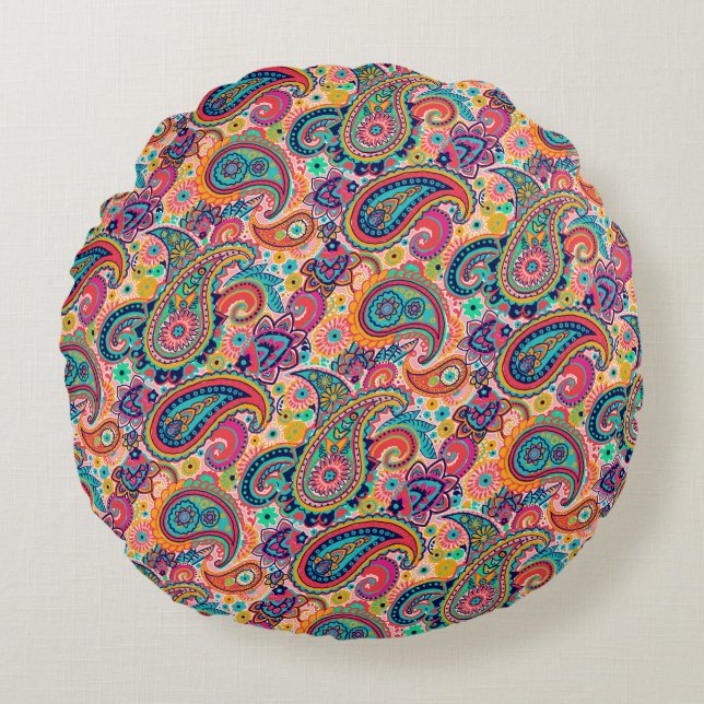 Bright Rainbow Paisley Round Pillow (Front)
