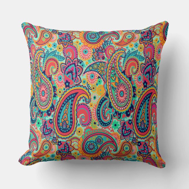 Bright Rainbow Paisley Throw Pillow (Front)
