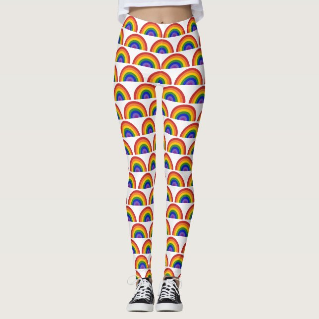 Bright Rainbow Pattern on White LGBTQ Pride Leggings (Front)