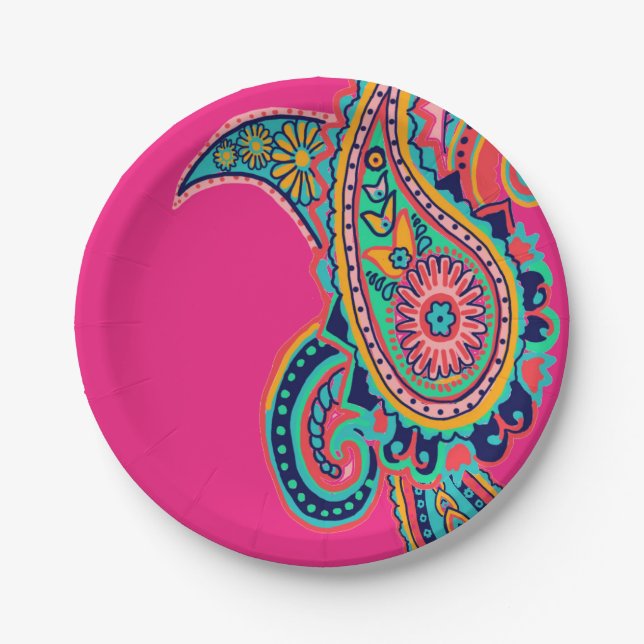 Bright Rainbow Pink Paisley Paper Plates (Front)