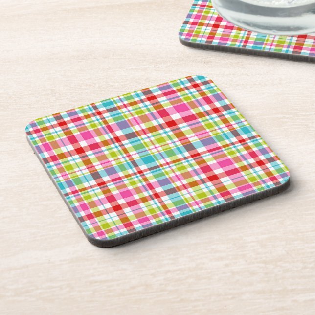 Bright Rainbow Plaid Checkered Pattern Beverage Coaster (Left Side)