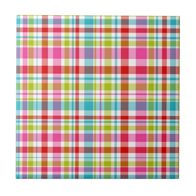 Bright Rainbow Plaid Checkered Pattern Ceramic Tile (Front)