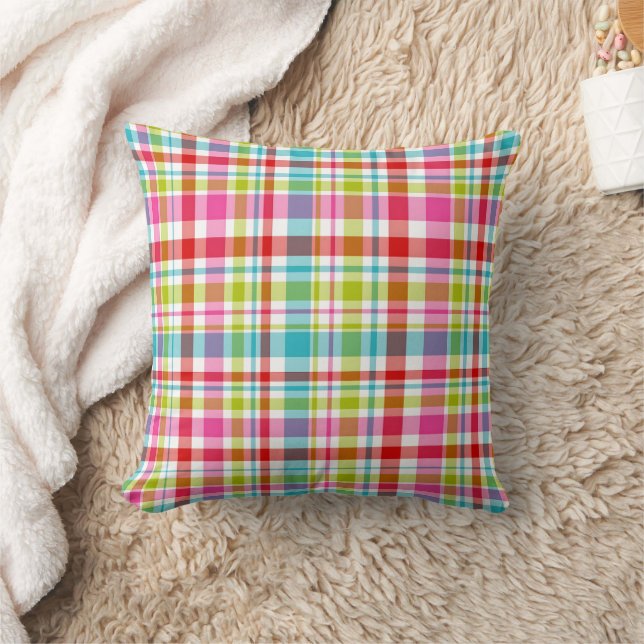 Bright Rainbow Plaid Checkered Pattern Throw Pillow (Blanket)