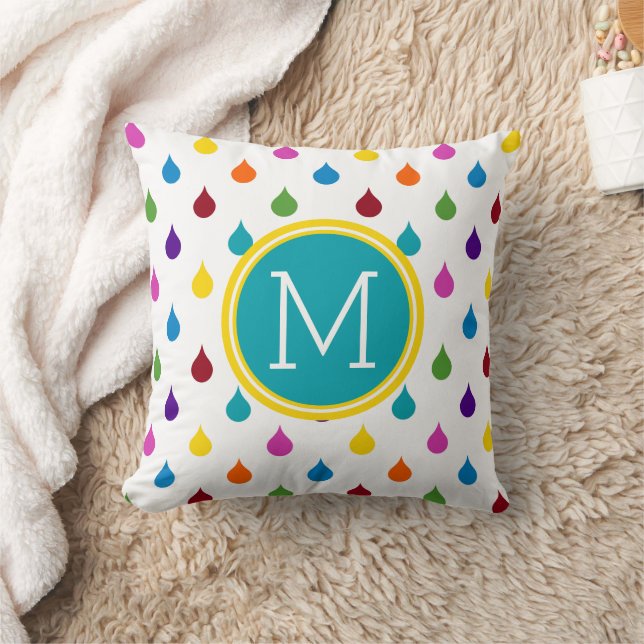 Bright Rainbow Raindrops Monogram Throw Pillow (Blanket)