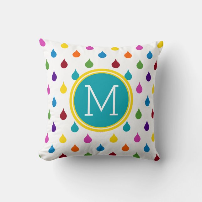 Bright Rainbow Raindrops Monogram Throw Pillow (Front)
