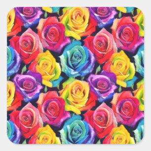 Bright rainbow roses, watercolor illustration square sticker