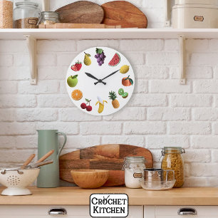 Bright Rainbow Scrapbook Crochet Fruit Collage Large Clock