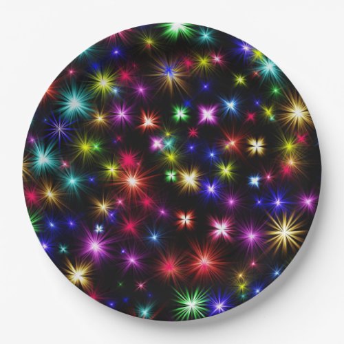 Bright Rainbow Sparkles Stars  Fireworks Paper Plates