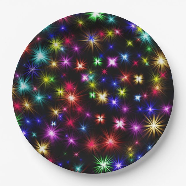 Bright Rainbow Sparkles, Stars & Fireworks Paper Plates (Front)