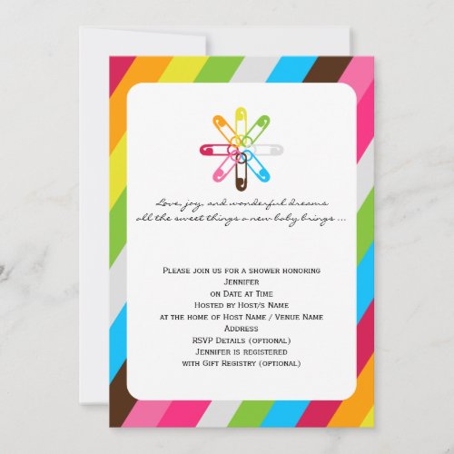 Bright Rainbow Stripe Diaper Pin Baby Shower Personalized Invite