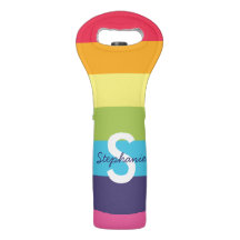 Bright Rainbow Stripe Initial Name Wine Tote