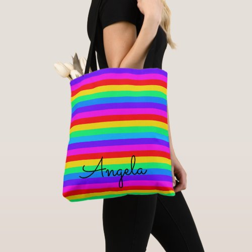 Bright Rainbow Stripe Name Template Tote Bag