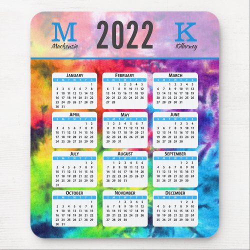 Bright Rainbow Tie Dye 2022 Calendar Monogram Name Mouse Pad