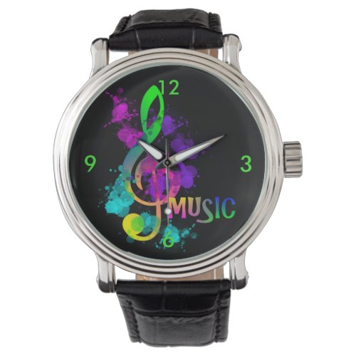 Bright Rainbow Treble Clef Music Paint Splatter Watch