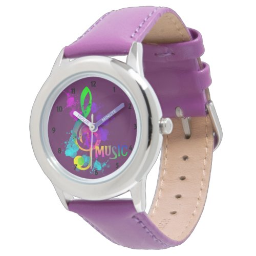 Bright Rainbow Treble Clef Music Paint Splatter Watch