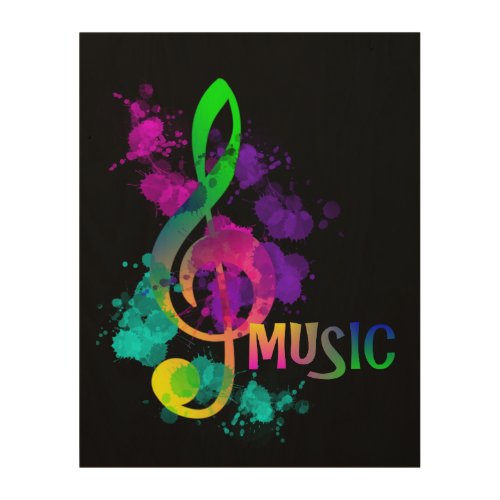 Bright Rainbow Treble Clef Music Paint Splatter Wood Wall Art