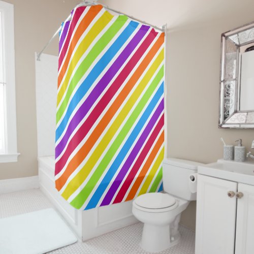 Bright Rainbow White Diagonal Stripes Shower Curtain