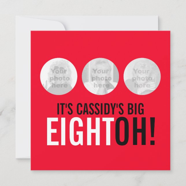 Bright red 80th EIGHTOH! photo birthday invite (Front)