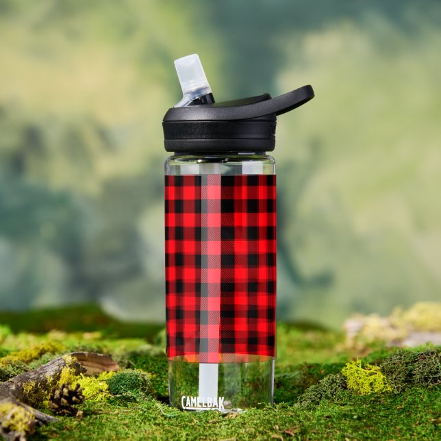 Bright Red and Black Buffalo Plaid, Checkered Water Bottle (Outdoor)