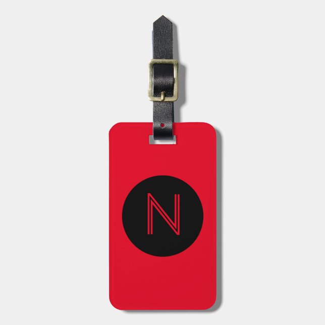 Bright Red and Black Circle Monogram Luggage Tag (Front Vertical)