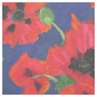 Bright Red and Black Oriental Poppies on Blue Fabric