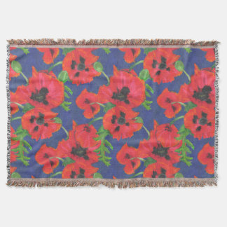 Bright Red and Black Oriental Poppies Pattern Throw Blanket