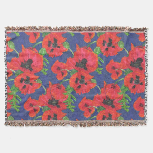 Bright Red and Black Oriental Poppies Pattern Throw Blanket (Front)