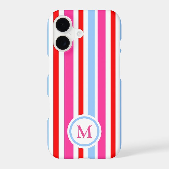 Bright Red and Blue Candy Stripes Monogram Case-Mate iPhone Case (Back)