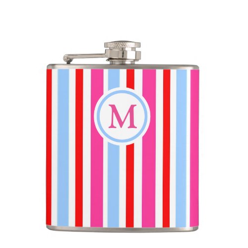 Bright Red and Blue Candy Stripes Monogram Flask
