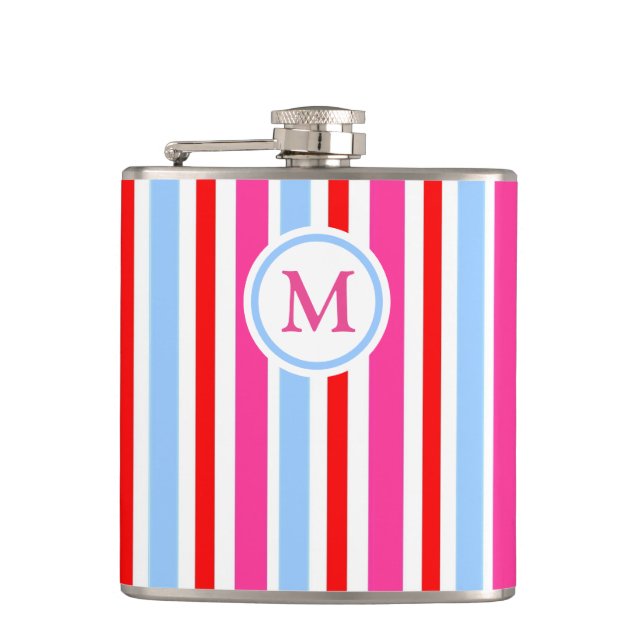Bright Red and Blue Candy Stripes Monogram Flask (Front)