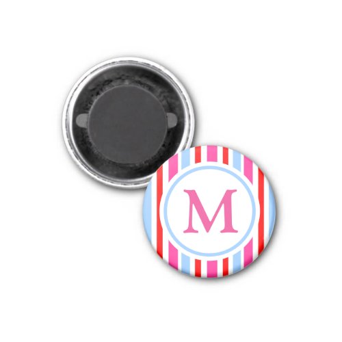 Bright Red and Blue Candy Stripes Monogram Magnet