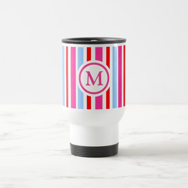 Bright Red and Blue Candy Stripes Monogram Travel Mug (Center)