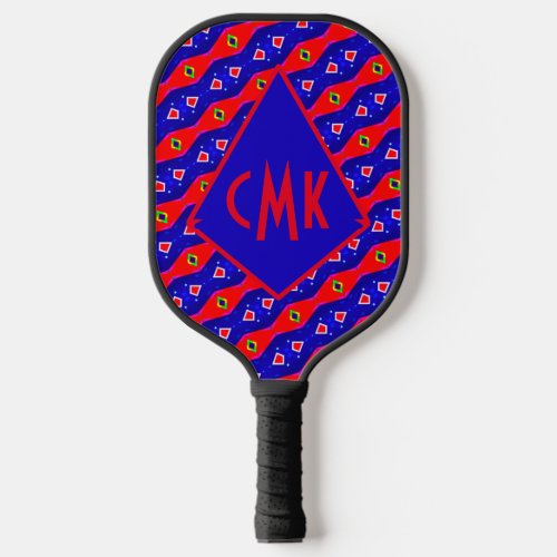 Bright Red and Blue Digital Art Diamond Trellis Pickleball Paddle