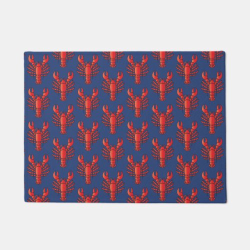 Bright Red and Blue Lobster Pattern Coastal Ocean Doormat