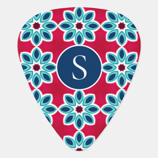 Bright Red and Blue Modern Geometric Monogram Guitar Pick (Front)