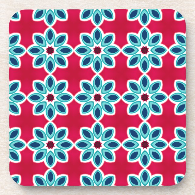 Bright Red and Blue Modern Geometric Pattern Beverage Coaster (Front)