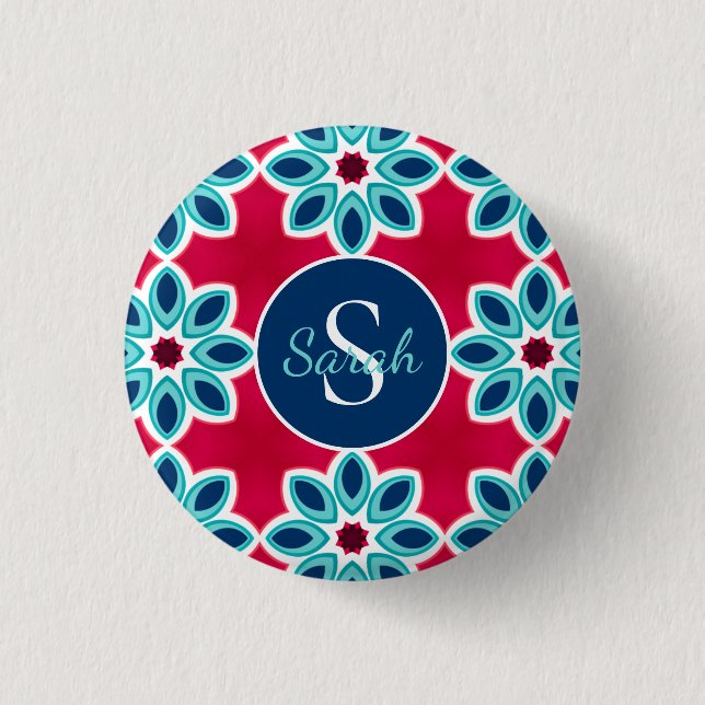 Bright Red and Blue Modern Geometric Personalised Button (Front)