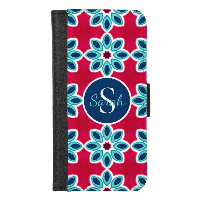 Bright Red and Blue Modern Geometric Personalised iPhone Wallet Case (Front)