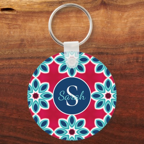 Bright Red and Blue Modern Geometric Personalised Keychain
