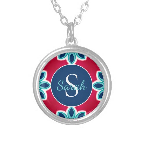 Bright Red and Blue Modern Geometric Personalised Silver Plated Necklace