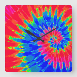 Bright Red and Blue Spiral Tie Dye Clock