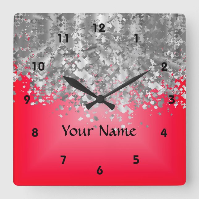 Bright red and faux glitter square wall clock (Front)