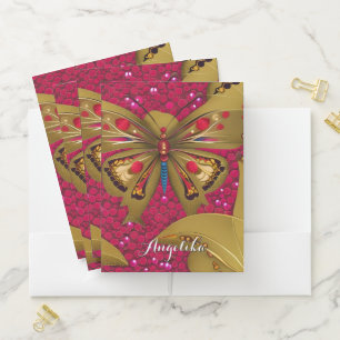 Bright Red and Gold Butterfly Personalized Name Pocket Folder