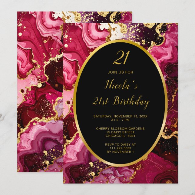 Bright Red and Gold Marble Agate Birthday Party Invitation (Front/Back)