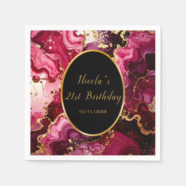 Bright Red and Gold Marble Agate Birthday Party Napkins (Front)