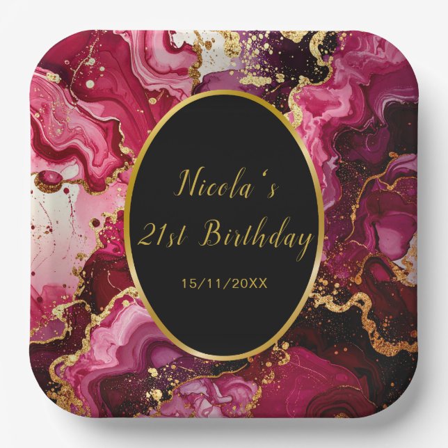 Bright Red and Gold Marble Agate Birthday Party Paper Plates (Front)