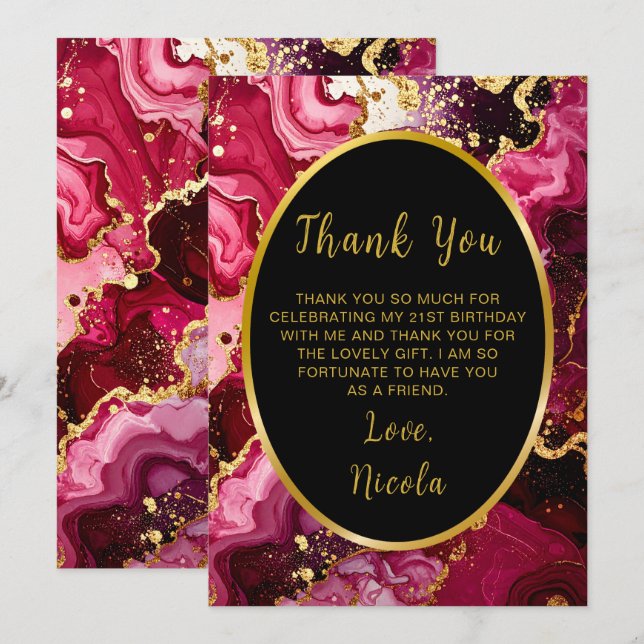 Bright Red and Gold Marble Agate Birthday Party Thank You Card (Front/Back)