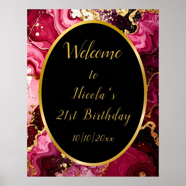 Bright Red and Gold Marble Agate Birthday Welcome Poster (Front)