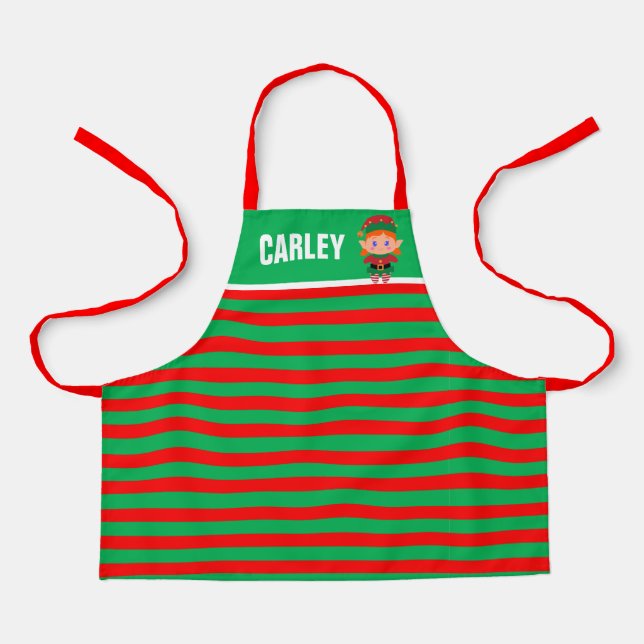 Bright Red and Green Elf Striped Personalised Apron (Front)