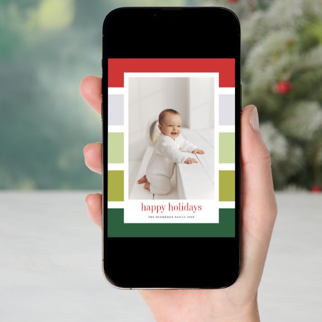 Bright Red and Green Stripes Happy Holidays Photo Holiday Card (Front Digital)